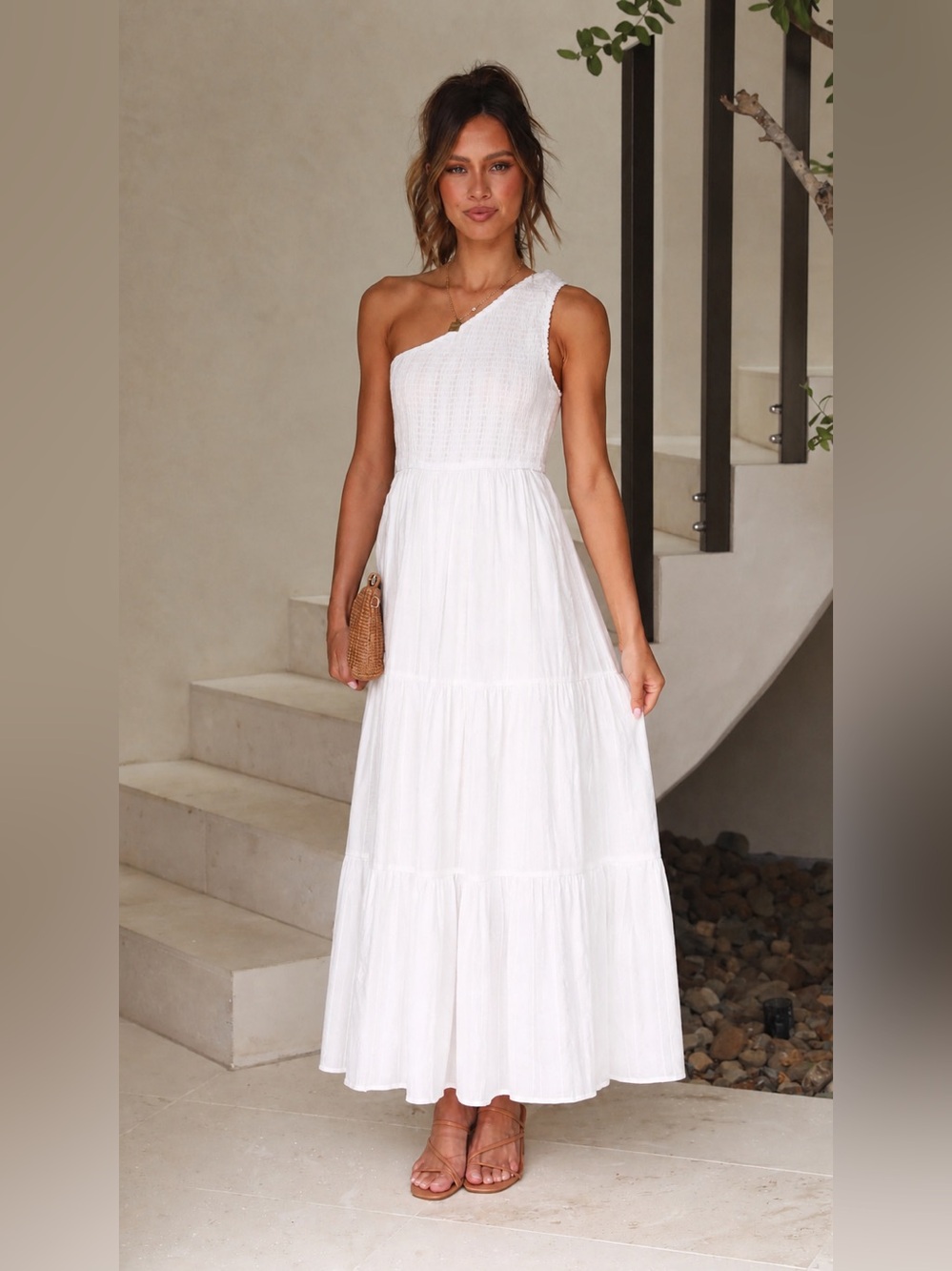 S/W/F One-Shoulder White Tiered Maxi Dress Cotton